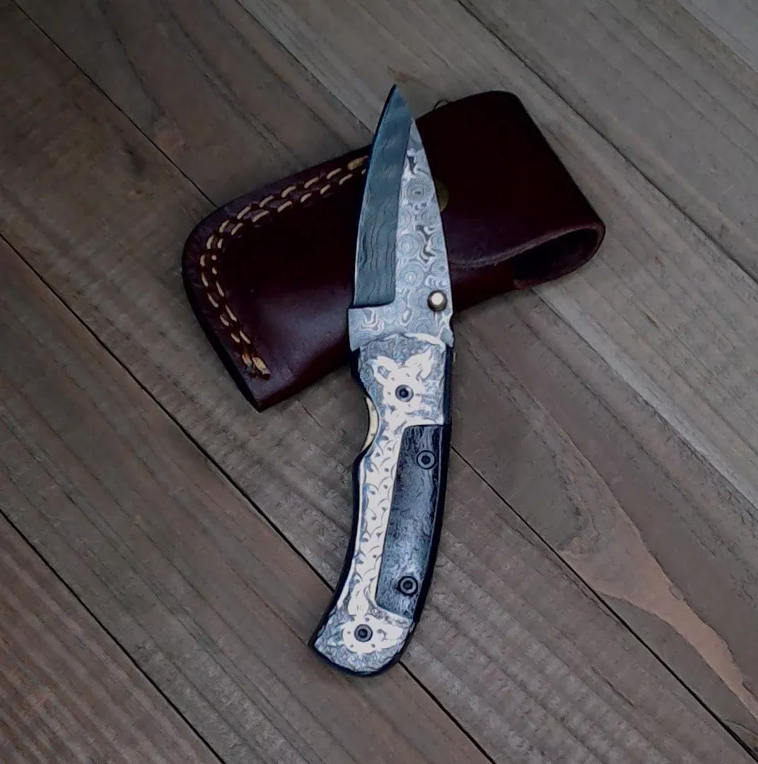 Titan Knives ~ Damascus Steel ~ Hand Etched Grips ~ 6" Liner Lock Folding Knife